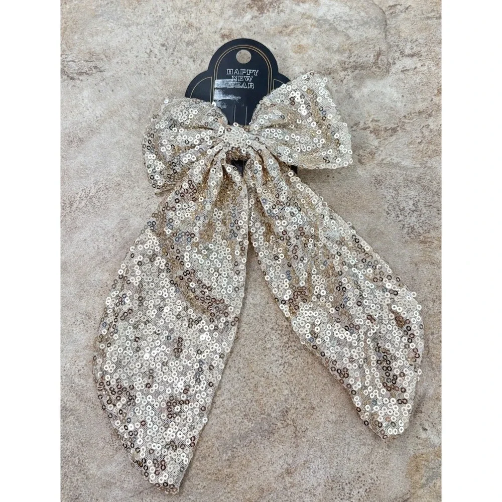 2 Holiday Hair Bow Clips Gold Sequin & Black Tulle Gold Stars Party Set